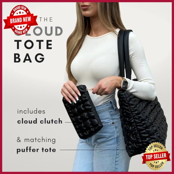 Large Puffer Tote Bag with Insert Pouch, Quilted Polyester, 8 Pockets - Picture 2 of 7